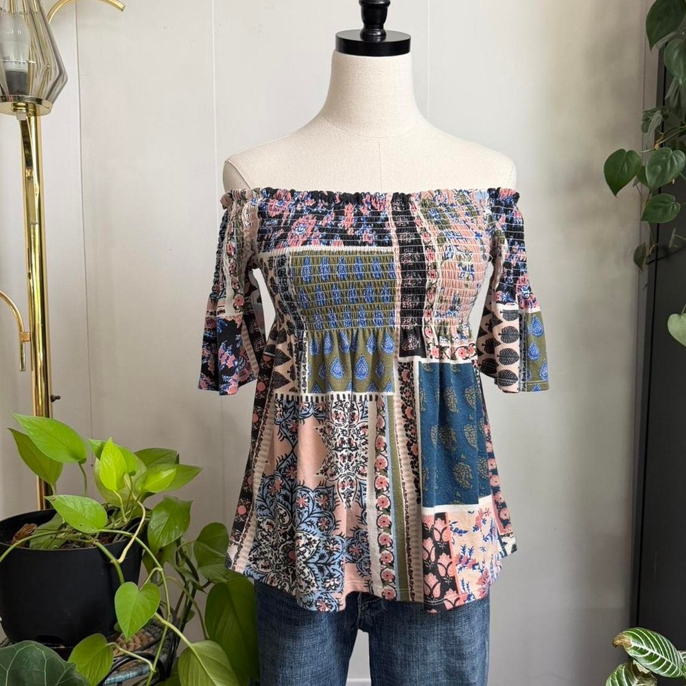 Xhilaration Y2K Boho Patchwork Off The Shoulder Smocked Milkmaid Top Medium